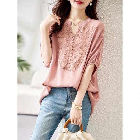PF1493#粉色V领衬衫女夏 新款欧货宽松大码小衫胖mm遮肚减龄显瘦上衣