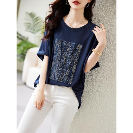 PF1494#圆领短袖t恤女夏 新款欧货宽松半袖体恤大码胖mm遮肚显瘦上衣