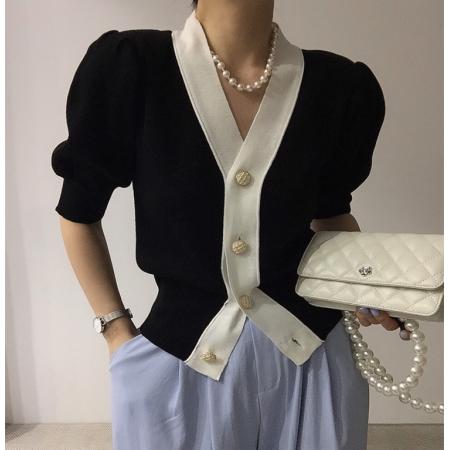 PF1503#韩国chi c撞色小香风 薄款冰丝针织衫外套 短袖上衣