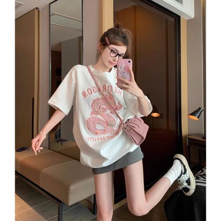 PF1514#白色重工龙年短袖t恤女 新款宽松欧货设计感小众正肩上衣