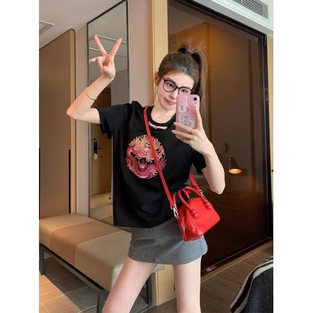 PF1515#黑色新中式国风纯棉短袖t恤女夏季小众复古小个子宽松正肩上衣ins