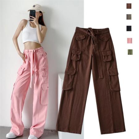 PF1519#美式复古多口袋工装裤高腰高街设计感宽松显瘦阔腿拖地裤送腰带女