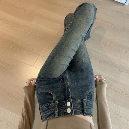 PF1522#弹力水泥高腰微喇牛仔裤春季新款弹力修身显瘦拖地阔腿马蹄喇叭裤