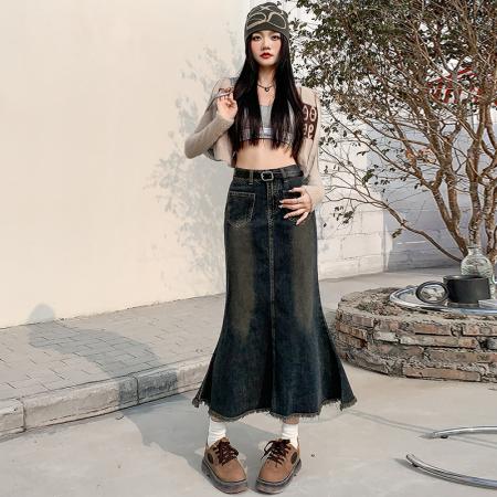 PF1525#牛仔裙半身裙显瘦遮胯包臀裙秋装新款女高腰气质百搭鱼尾裙