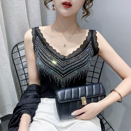 PF1528#春夏新款V领烫钻蕾丝花边无袖打底衫修身套头上衣女背心吊带