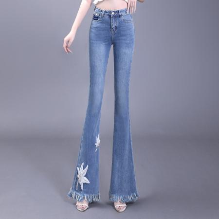 PF1541#毛边微喇牛仔裤女春秋新款高腰四面弹显瘦百搭大码马蹄裤喇叭裤