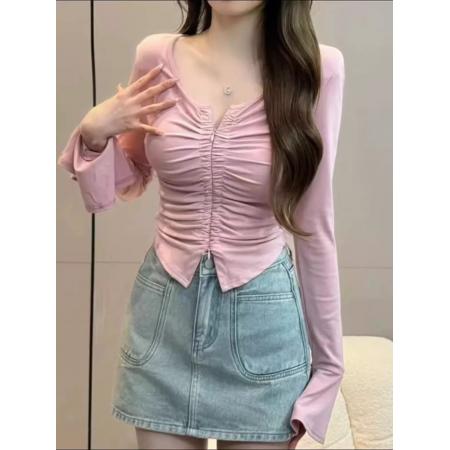 PF1542#大码设计感小众褶皱V领长袖t恤 微胖高级感喇叭袖上衣