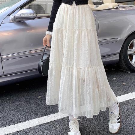 PF1545#法式网纱蕾丝蛋糕裙温柔风仙女甜美木耳边肌理感洋气中长款半身裙