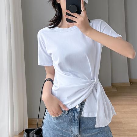 PF1551#夏季新款小圆领宽松交叉打结短袖显瘦白色上衣网红同款