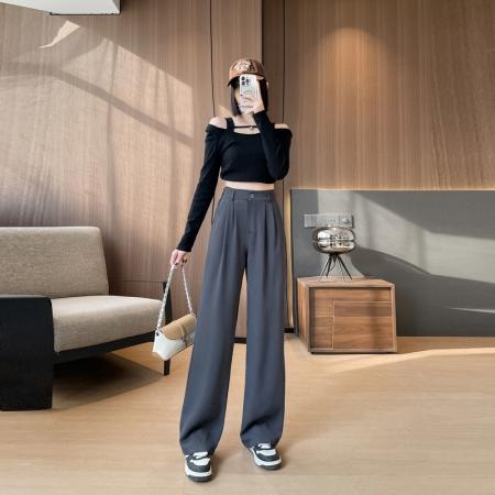 PF1558#小个子高腰垂感后松紧腰阔腿裤直筒裤休闲西装裤