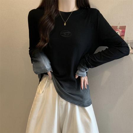 PF1567#大码女装胖MM 时尚扎染设计感绣花长袖T恤