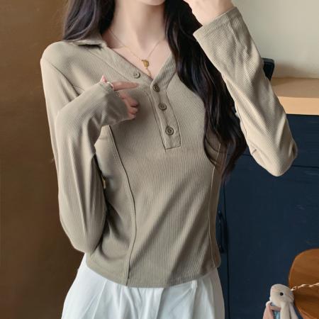 PF1568#大码女装 新款设计感鱼骨收腰显瘦长袖T恤