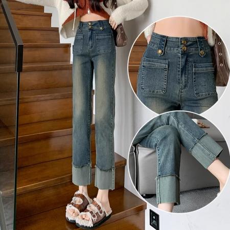 PF1571#翻边牛仔直筒裤女修身窄版显腿直2024年春季高腰小个子九分烟管裤