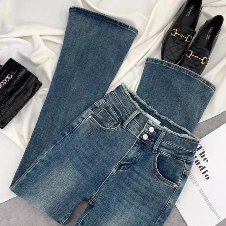 PF1574#复古牛仔裤显瘦微喇裤高腰毛边拖地长裤