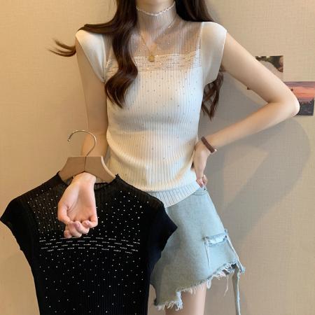 PF1578#大码女装春夏新款设计感外套内搭重工烫钻背心无袖针织衫上衣