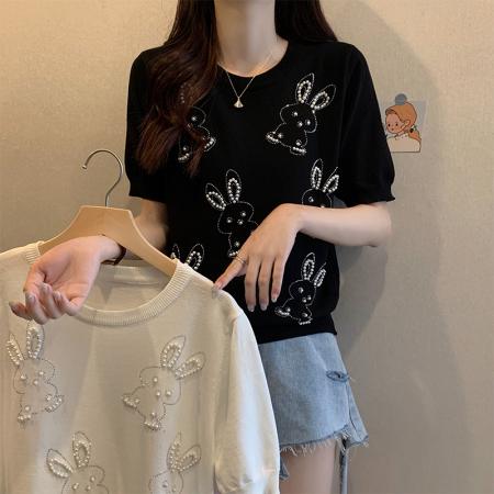 PF1580#大码女装 新款设计感重工钉珠宽松针织衫短袖T恤上衣
