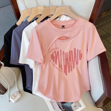 PF1582#大码女装 夏季新款设计感镂空宽松显瘦印花短袖T恤上衣