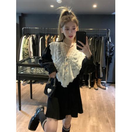 PF1589#新款荷叶边蕾丝拼接v领衬衫女设计感小众百搭上衣