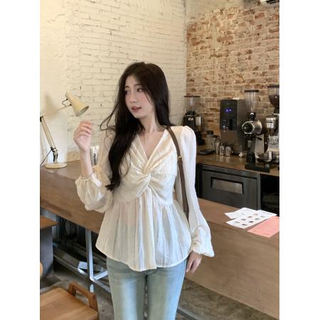 PF1590#大码女装法式温柔风扭结衬衫遮肚显瘦灯笼袖后背打揽上衣