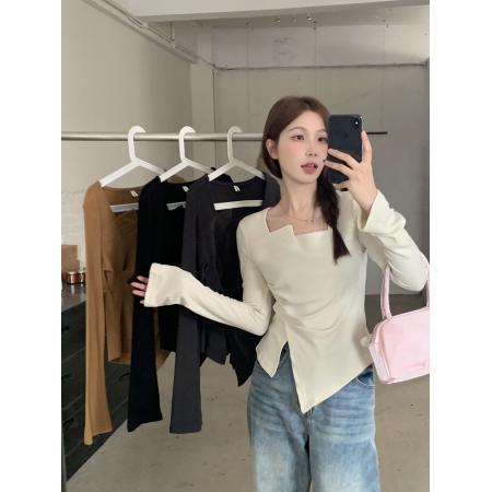 PF1592#大码胖mm春季新款不规则褶皱遮肉显瘦上衣百搭正肩长袖T恤