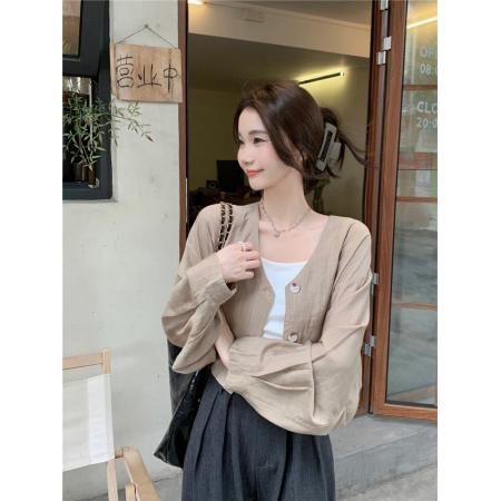 PF1629#亚麻简约宽松慵懒短款灯笼袖防晒衬衫开衫韩版小外套女