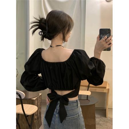 PF1630#方领露锁骨衬衫女法式泡泡袖设计感心机蝴蝶结长袖上衣