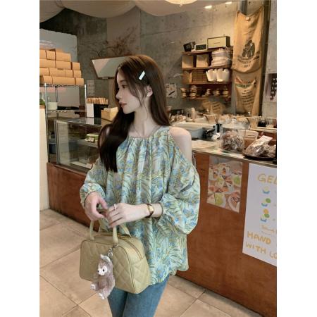 PF1631#复古设计感镂空露肩长袖碎花雪纺衫上衣女韩版挂脖衬衫