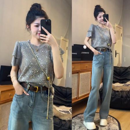 PF1641#法式重工亮片花苞袖套头圆领毛衣女 新款