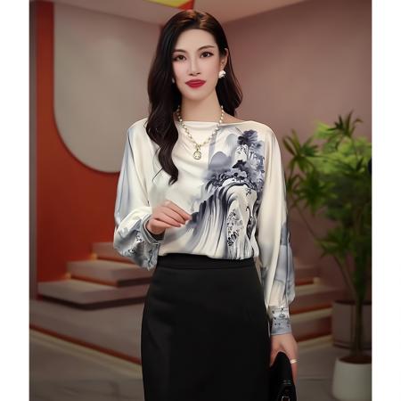 PF1651#新款显瘦优雅设计感一字领山水画衬衫