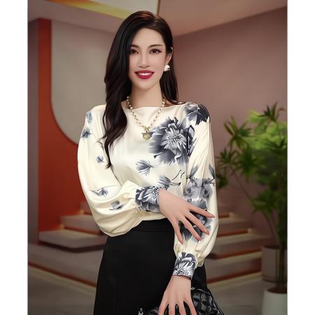 PF1652#新款显瘦优雅设计感一字领花朵长袖衬衫