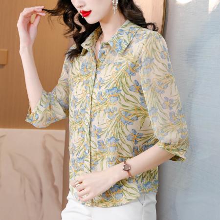 PF1659#夏装新款衬衫七分袖真丝衬衣小衫桑花绉印花上衣