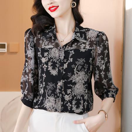 PF1660#夏装乔其纱衬衫气质衬衣真丝上衣女妈妈气质小衫女