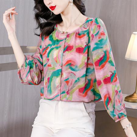 PF1661#新款乔其纱双绉衬衫九分袖上衣漂亮洋气小衫宽松遮肚上衣