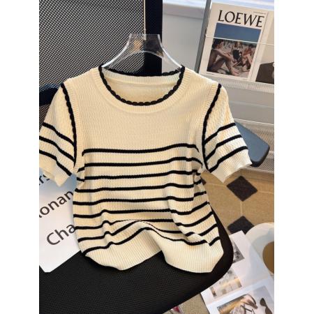 PF1672#黑色条纹圆领短袖冰丝针织衫女2024夏季新款假两件休闲T恤上衣潮