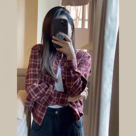 PF1675#法式内搭格子衬衫外套女2024早春新款短款衬衣设计感小众长袖上衣