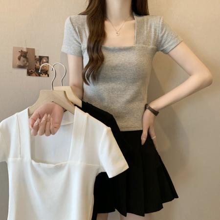 PF1679#大码女装纯欲风正肩短袖方领T恤夏季微胖mm修身显瘦辣妹短款上衣