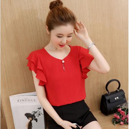 BY13#夏装新款韩版百搭甜美短袖柔美超仙气质雪纺衫上衣