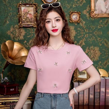 PF1681#短袖t恤女 夏季新款洋气别致立体蝴蝶结独特气质减龄上衣
