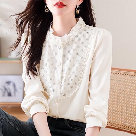 PF1693#高端轻奢定制设计感木耳边重工钉珠气质百搭衬衫小衫女