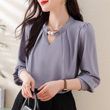 PF1694#法式小众挂脖立领串珠衬衫女 新款套头缎面气质通勤职业上衣