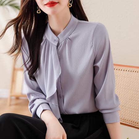 PF1695#法式优雅设计飘带领结 紫色长袖衬衫女气质雪纺衫