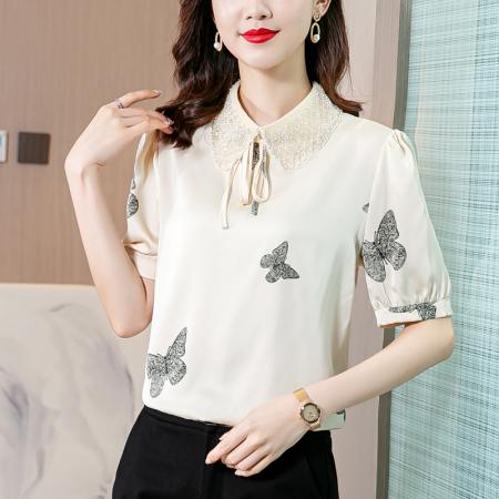 PF1698#新款重工钉珠短袖衬衫时尚减龄娃娃领上衣洋气上衣