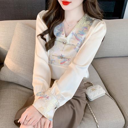 PF1708#新中国风v领长袖衬衫女装 新款提花气质时尚宽松上衣