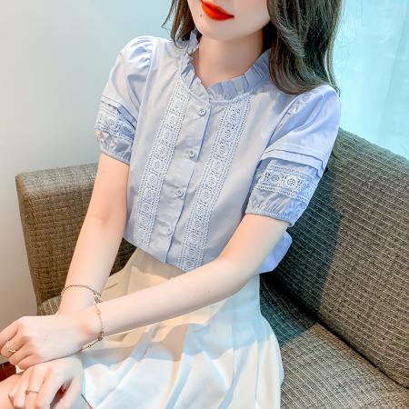 PF1716#夏季新款重工镂空花边拼接上衣立领宽松短袖气质 衬衫