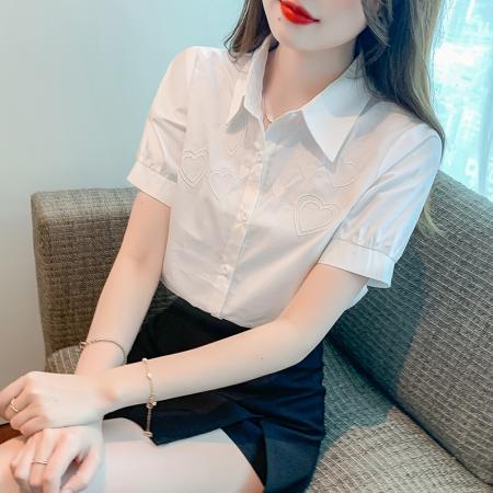 PF1717#立体爱心刺绣经典职业翻领衬衫 夏季新款短袖洋气上衣