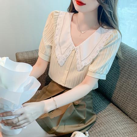 PF1718#夏季新款撞色娃娃领短袖上衣百搭气质泡泡袖衬衫