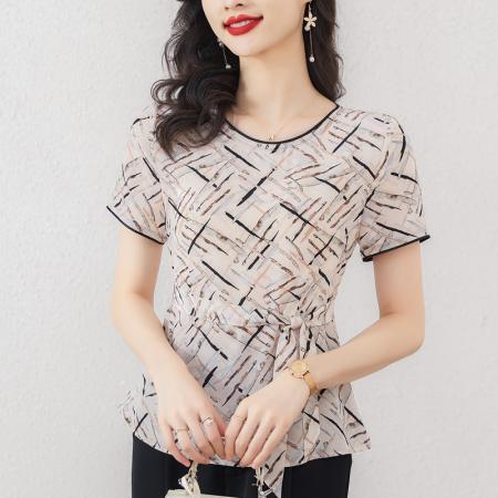 PF1722#樱美嘉夏季新款短袖圆领真丝恤上衣女印花系带缎面丝绸桑蚕丝小衫