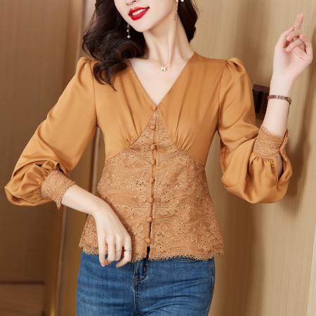 PF1723#法式复古真丝衬衫 新品设计感V领蕾丝刺绣显瘦上衣