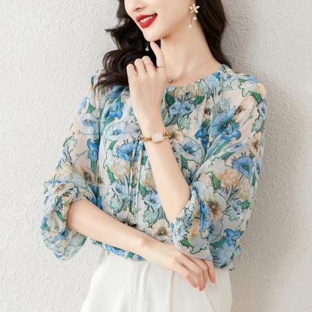 PF1726#仿真丝衬衫女 新款V领优雅气质设计感甜美灯笼袖印花上衣套头