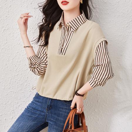 PF1730#假两件翻领条纹衬衣拼接上衣24春季新时尚气质百搭减龄卫衣